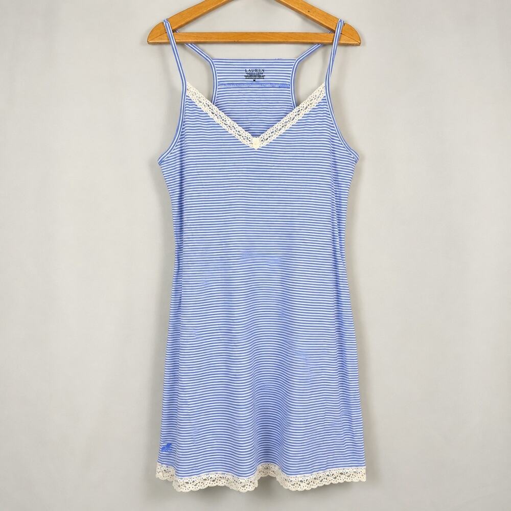 Lauren Ralph Lauren Women’s XL Blue White Striped Nightgown Lace Trim Cotton